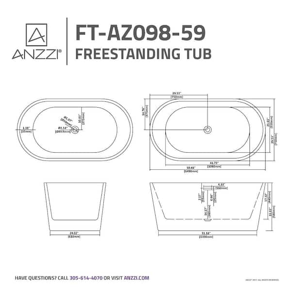 ANZZI - Chand Series 59 in. x 30 in. Flat Bottom Acrylic Freestanding Soaking Bathtub with Center Drain in Glossy White
