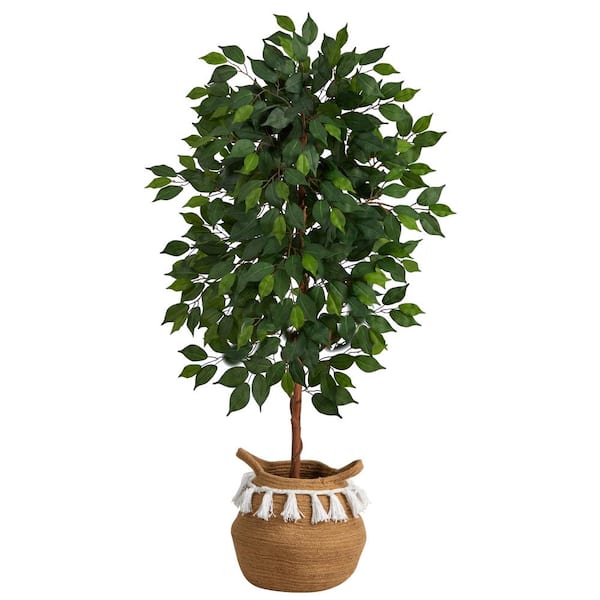 Nearly Natural 48 in. Green Artificial Ficus Tree in Handmade Jute and Cotton Basket with Tassels