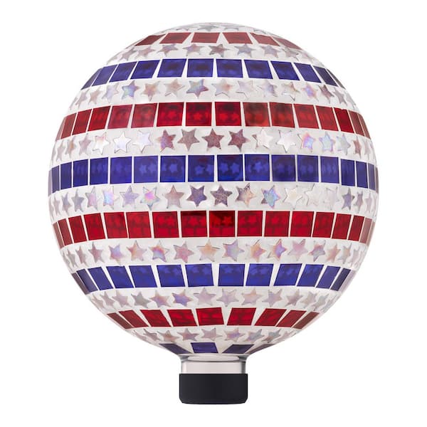 10 in. Dia Indoor/Outdoor Patriotic Glass Stars and Stripes Gazing Globe Yard Decoration, Red, White and Blue