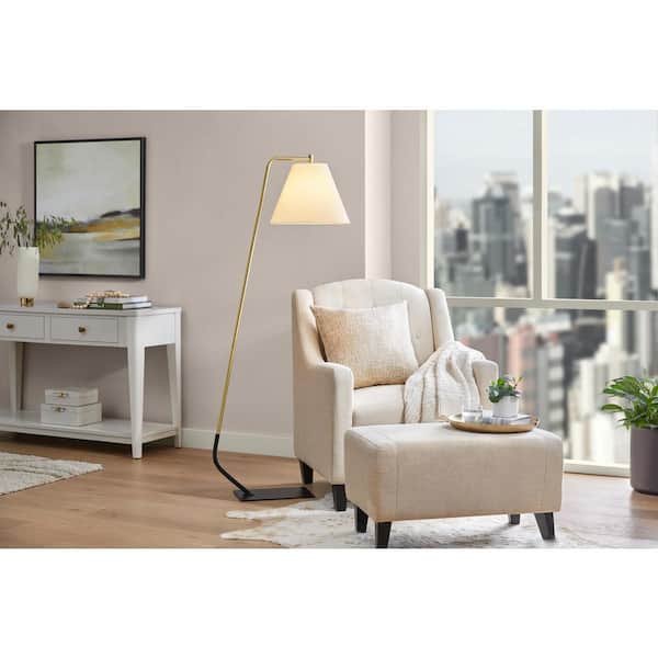 Haniken 59 in. Steel Matte Black and Aged Brass Standard Indoor Floor Lamp with White Fabric Shade