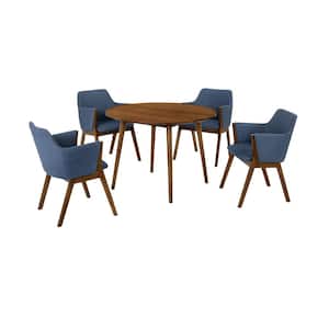 Arcadia and Renzo 42 in. 5-Piece Round Wood Blue and Walnut Dining Set