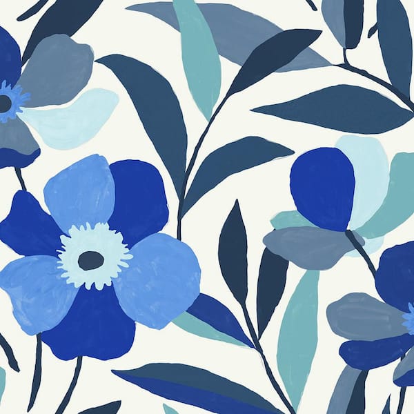 NextWall Cobalt Blue and Lagoon Garden Block Floral Vinyl Peel and Stick Wallpaper Roll (30.75 sq. ft.)