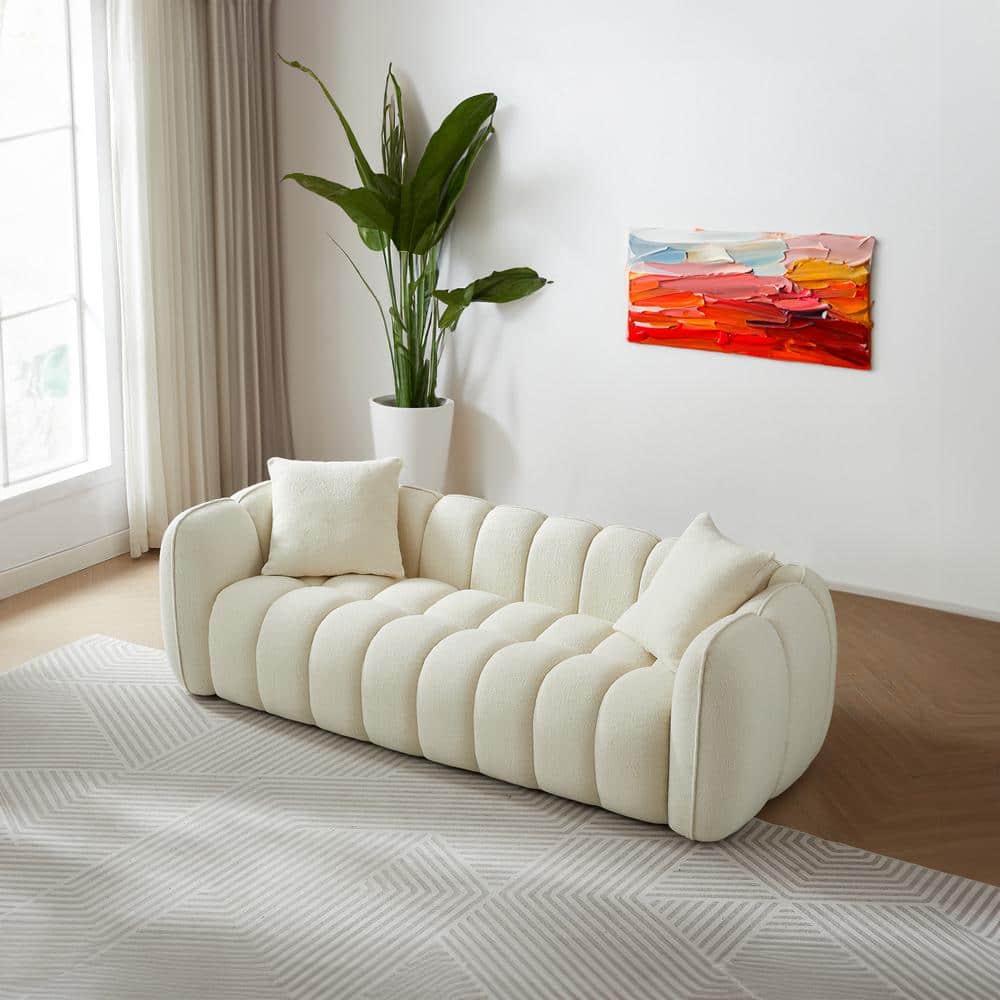 Cream White Tufted Microfiber 3-Seater Sofa with Wood Base