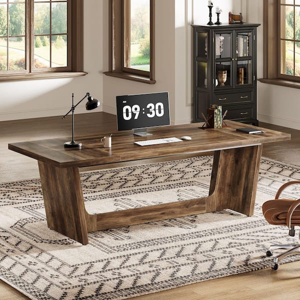 BYBLIGHT 70.87 in.  Rectangular Brown Wood Executive Desk with Trapezoidal Base