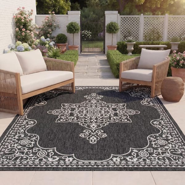 Beach House Charcoal/Ivory 8 ft. x 10 ft. Border Ornate Medallion Indoor/Outdoor Area Rug