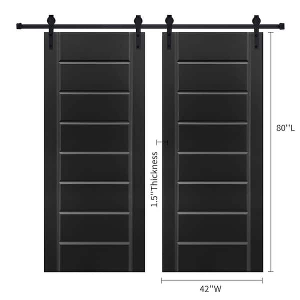 Double Modern Eight Panel 42 in. x 80 in. MDF Black Barn Sliding Door With Hardware kit