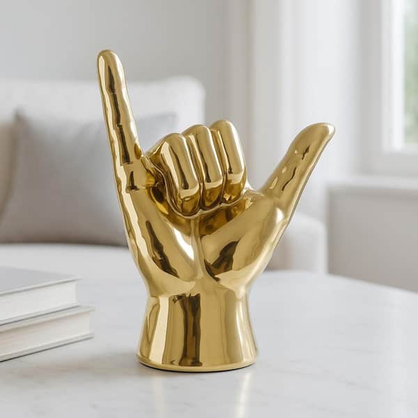 5.75 in. x 7 in. Gold Stoneware Shaka Gesture Hand Sculpture