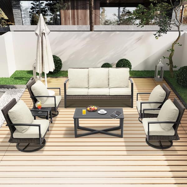 7-Person Outdoor Wicker Patio Conversation Seating Set with Beige Cushions and Tables