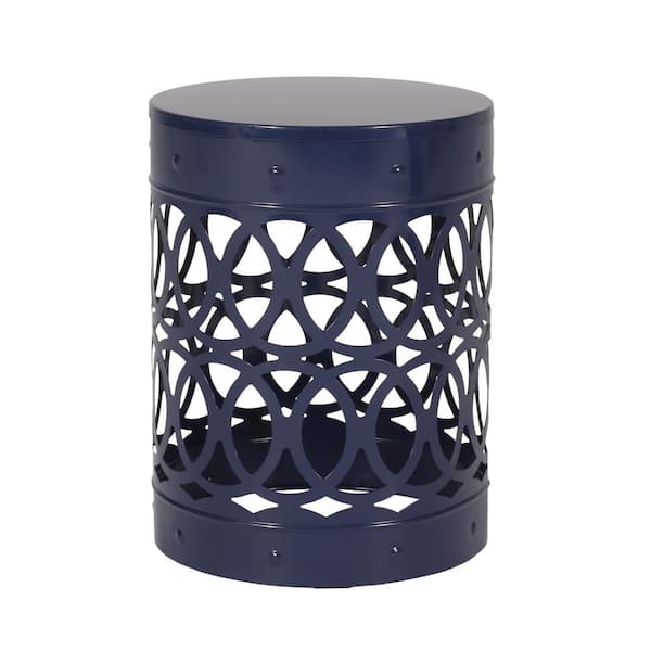 Zeus & Ruta Navy Blue Round Metal Outdoor Side Table End Table No Assembly for Garden Backyard or Indoor