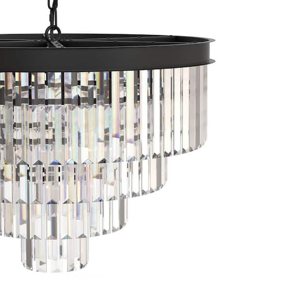 YANSUN 24 in. 12-Light 4-Tier Black Crystal Chandelier, Modern