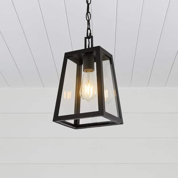 JONATHAN Y Glendale 6.75 in. 1-Light Black/Clear Outdoor LED Pendant Farmhouse Industrial Iron/Glass