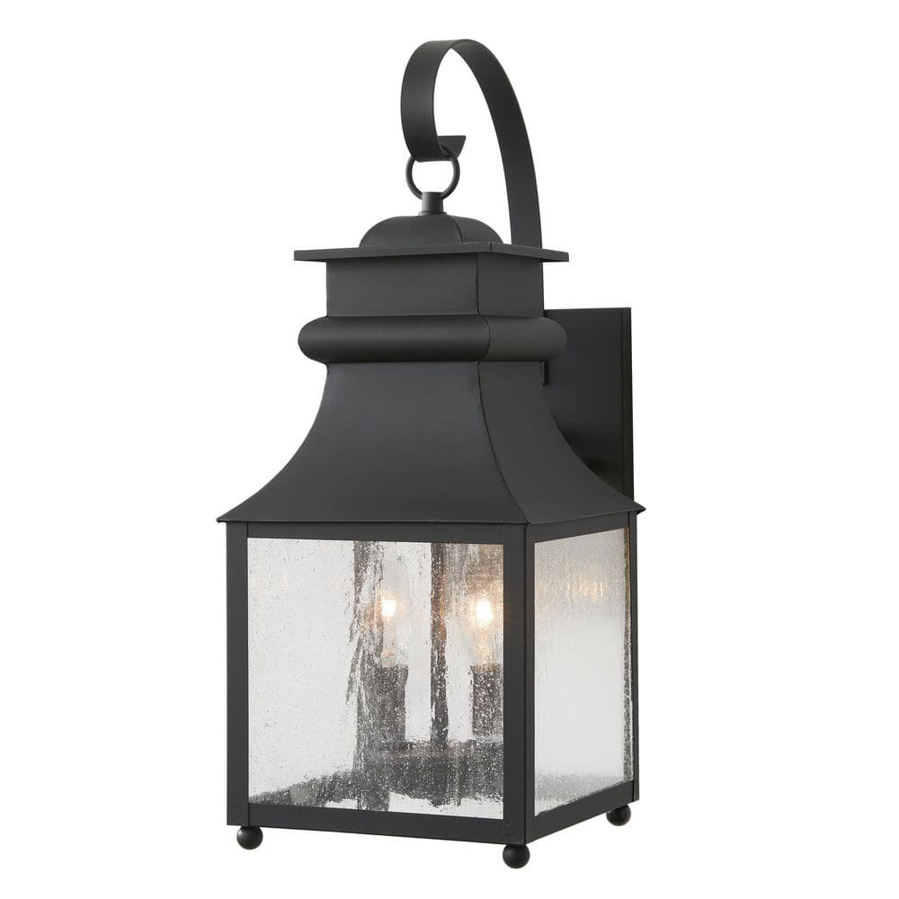 Home Decorators Collection Rainbrook 2-Light Matte Black Hardwired Outdoor Extra Large Wall Lantern Sconce Light with Seeded Glass