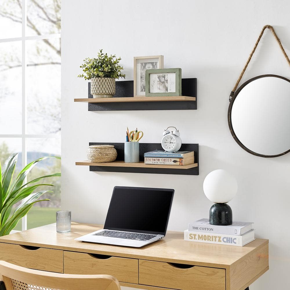 Chestnut and Black Wood Floating Wall Shelves Set of 2