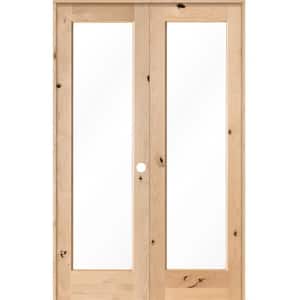 56 in. x 96 in. Rustic Knotty Alder 1-Lite Clear Glass Left Handed Solid Core Wood Double Prehung Interior Door