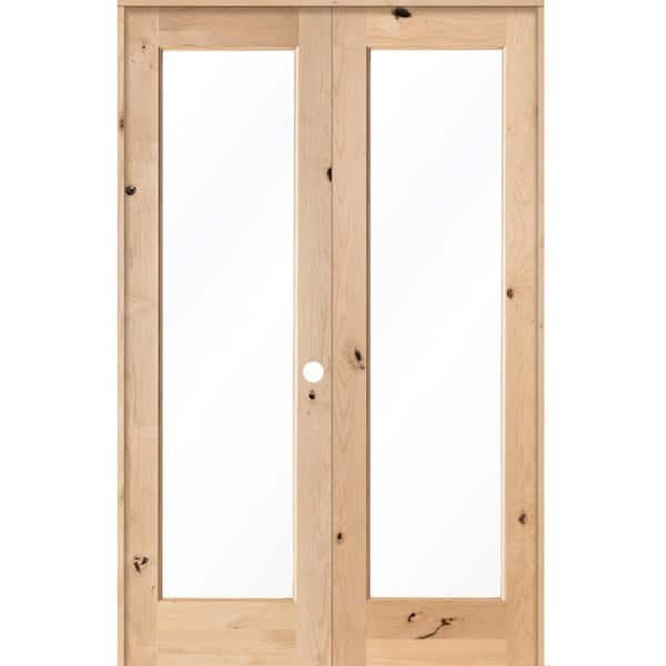 Krosswood Doors 56 in. x 96 in. Rustic Knotty Alder 1-Lite Clear Glass Left Handed Solid Core Wood Double Prehung Interior Door