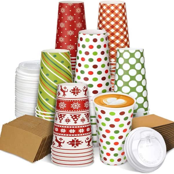 12 oz. Christmas Themed Disposable Paper Coffee Cups with Lids & Insulated Sleeves, Leakproof for Drinks (Set of 90)