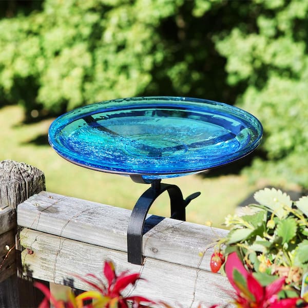 Achla Designs 14 In Dia Teal Blue Reflective Crackle Glass Birdbath Bowl With Over Rail Bracket Cgb 14t Or The Home Depot