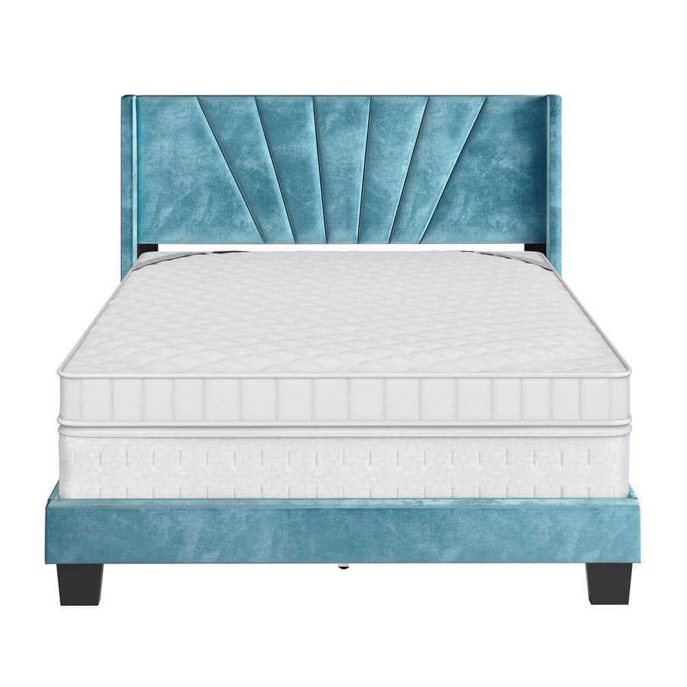 Sapphira Queen Aqua Velvet Upholstered Platform Bed with Tufted Headboard