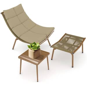 3-Piece Metal Outdoor Indoor Chaise Lounge Chair with Table and Brown Cushion for Camping Gaming Lunch Break Garden