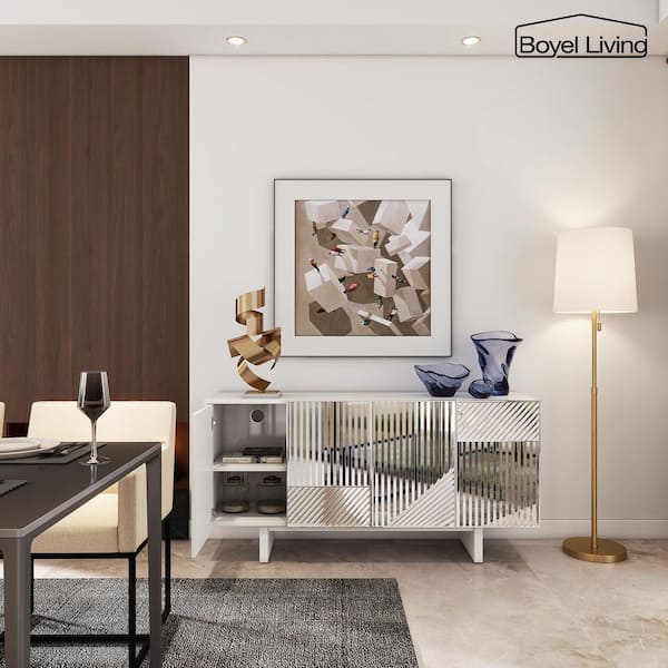 Boyel Living Silver Stainless Steel MDF 62.91 in. W Modern Buffet Sideboard Dining Table with 4-Door Storage Cabinet