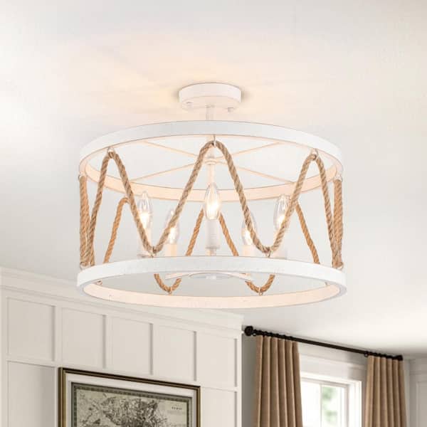 19.68 in. 5-Light White Metal Hemp Rope Candlestick Semi-Flush Mount Light Ceiling Light for Kitchen Island