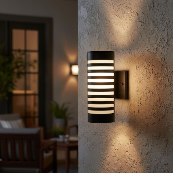12 in. 2-Light Black Outdoor Sconce Lights, Cylinder Porch Light, Modern E26 Base Outdoor Light Fixtures Wall Mount