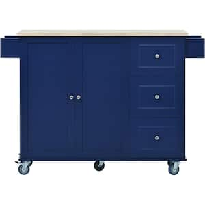 Oasis Dark Blue Wood 52.76 in. Kitchen Island with Solid Wood Top and Locking Wheels, Storage Cabinet