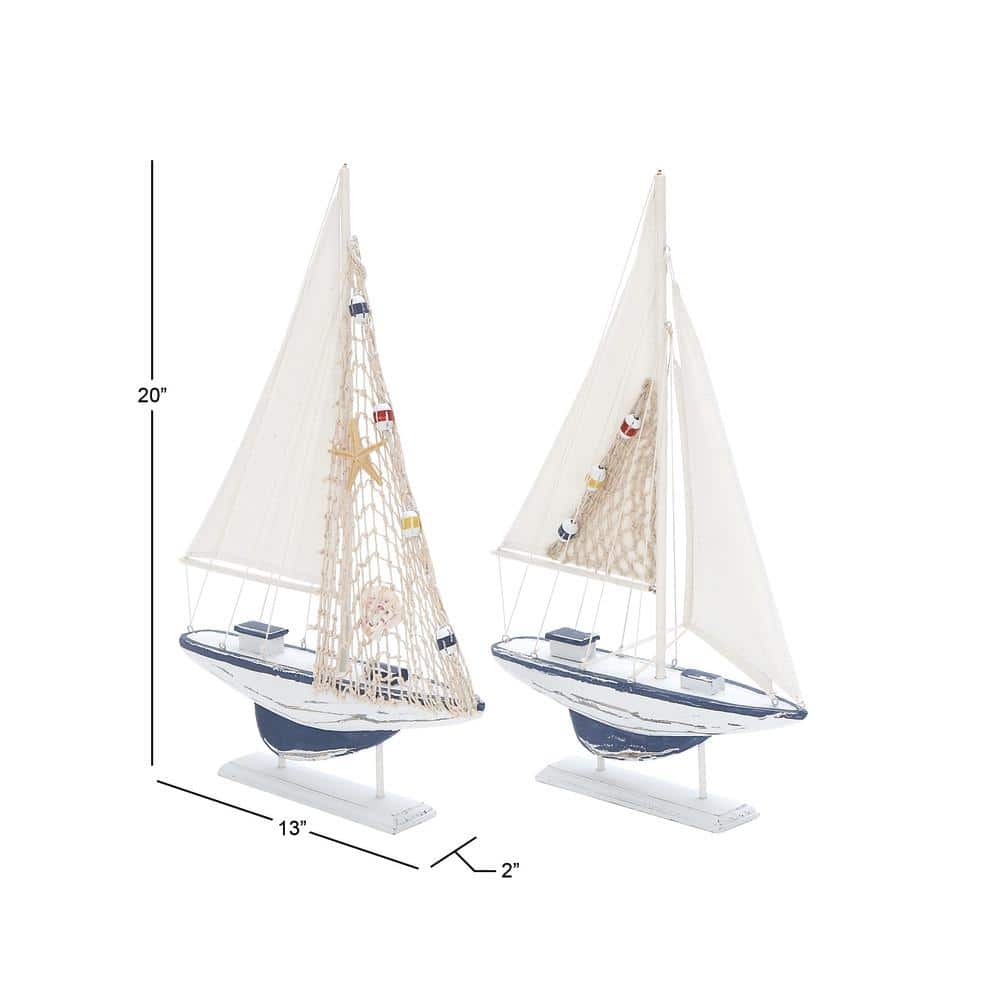 White and Blue Pine Wood Nautical Sail Boat Sculpture Set