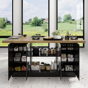 Black Wooden 77.3 in. W Kitchen Island Dining Bar Table With Table Top, Shelves, Door Cabinets