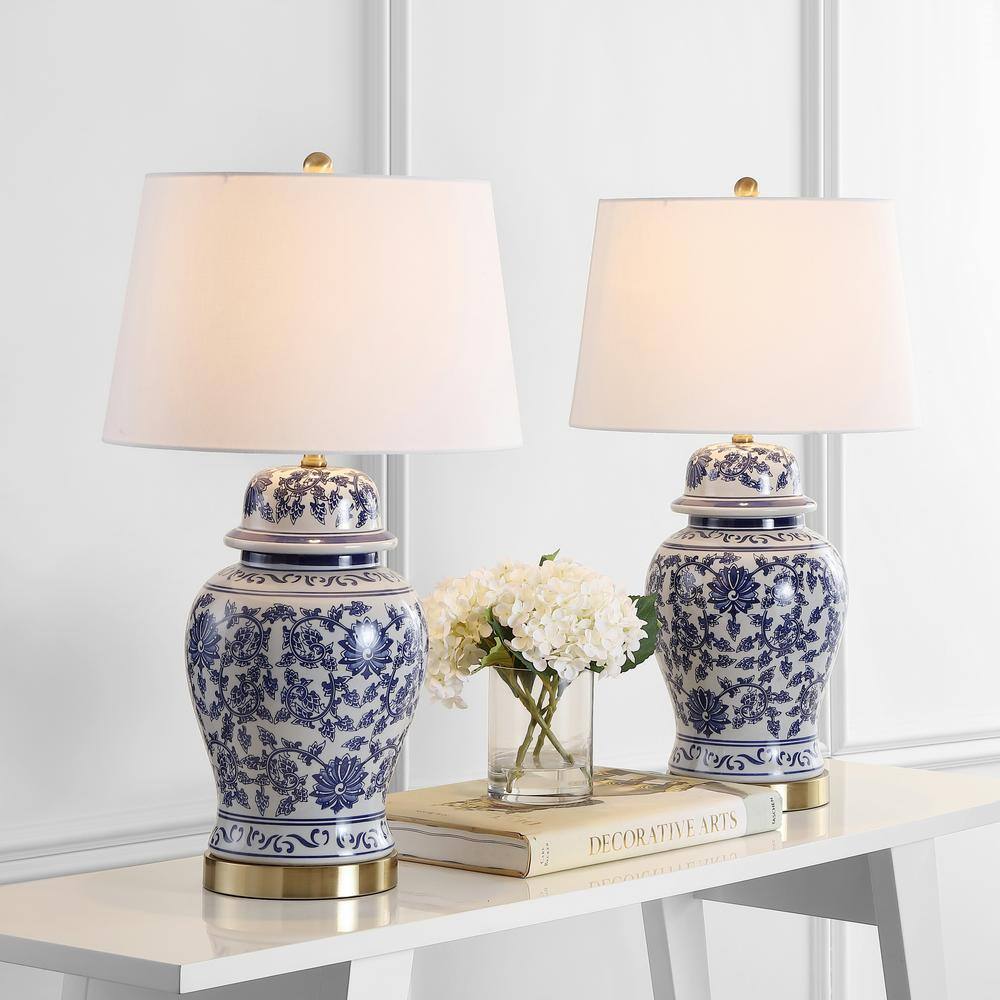 Elegant Arwen Blue and White Ceramic Table Lamp Set with Brass Accents