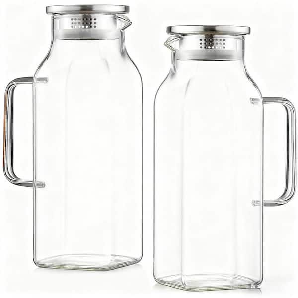 2-Pack 68 fl. oz. Square Clear Borosilicate Glass Pitcher with Lid and Handle for Hot and Cold Beverages