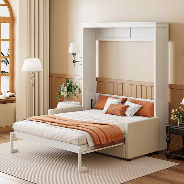 Polibi White Wood Frame Full Murphy Bed with Cushion