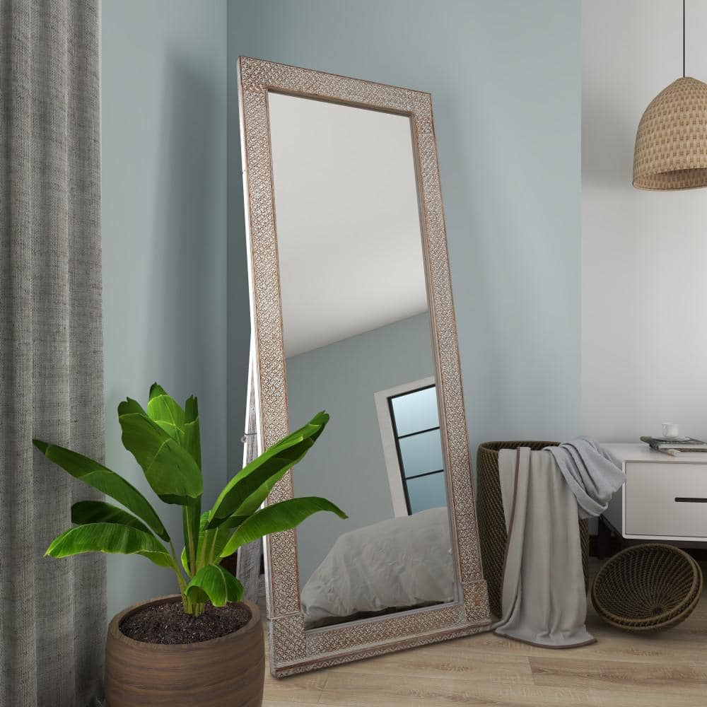 White Intricately Carved Wood Framed Full Length Mirror, 31" x 78"