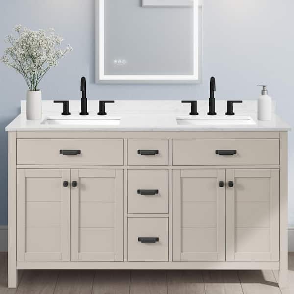 Stanhope 61 in. Double Sink Even Better Beige Bath Vanity with Carrara White Engineered Stone Top (Assembled)