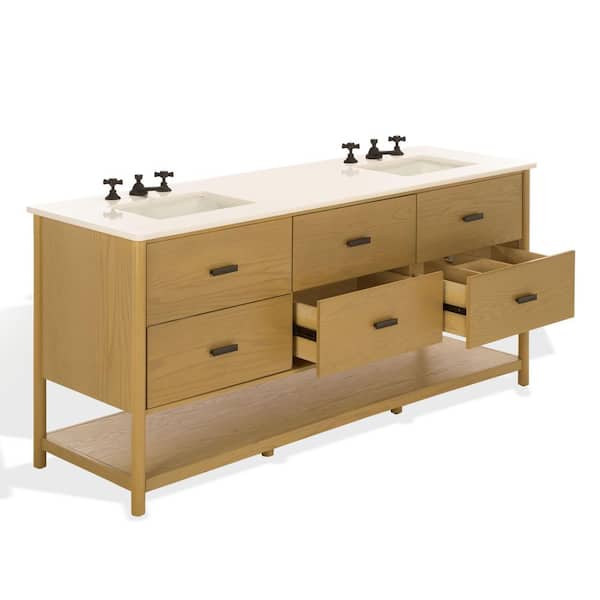 Jaylessa 72 in. Double Sink Natural Bath Vanity with White Marble Top