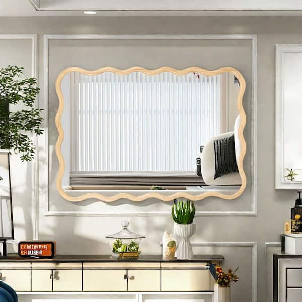 Unbranded 40 in. W x 28 in. H Wood Wavy Wall Mirror Rectangle Vanity Mirror Decorative Mirror for Living Room Entryway, Natural
