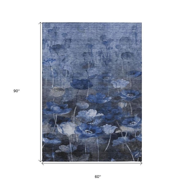 Navy Blue, Denim Blue 5 ft. x 8 ft. Woven Floral Polyester Rectangle Indoor/Outdoor Area Rug