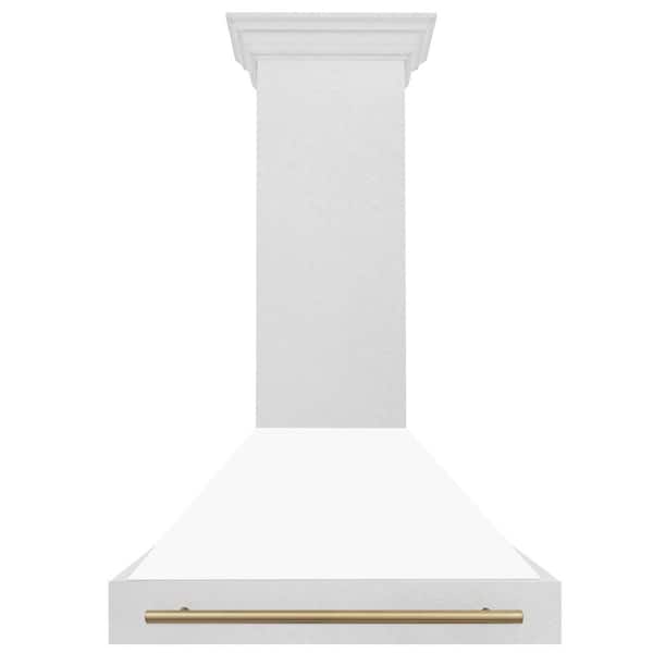 Autograph Edition 36 in. Satin Stainless Steel Wall Mount Range Hood with White Matte Shell and Champagne Bronze Handle