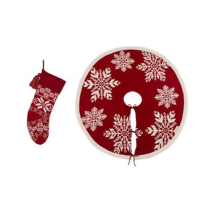 Set of 2 Knitted Acrylic Christmas Decoration (48 in. Tree Skirt and 24 in. Stocking) Snowflake