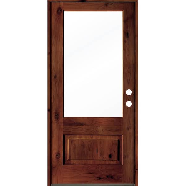 36 in. x 80 in. Farmhouse Knotty Alder Left-Hand/Inswing 3/4-Lite Clear Glass Red Chestnut Stain Wood Prehung Front Door