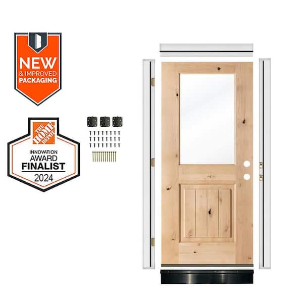32in.x80in. LH Half-Lite Clear Glass Unfinished KnottyAlder Wood AssemblyRequired Front Door Kit w/QuickAssembleJamb