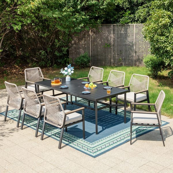 PHI VILLA 9-Piece Black Metal Patio Outdoor Dining Set with Rectangle Table and Woven Rope Chair with Beige Cushions