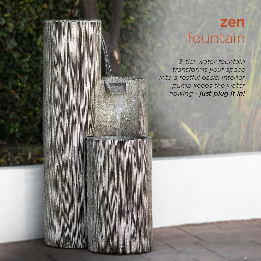 Modern 41" Gray Polyresin Three-Tier Column Fountain with LED Light