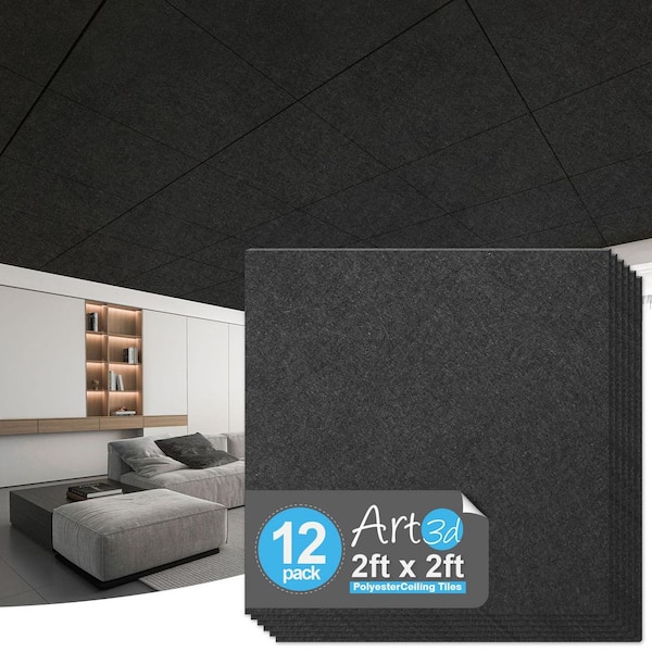 Black 2 ft. x 2 ft. Decorative Drop in Ceiling Tiles, Polyester Fiber Acoustic Decorative Ceiling Panels (48sq.ft./case)