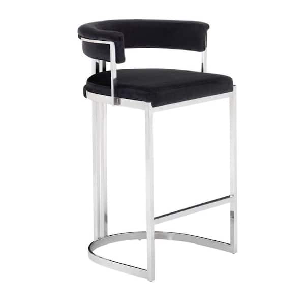 Benjara 29.3 in. Black and Silver Low Back Metal Frame Bar Stool with Velvet Seat