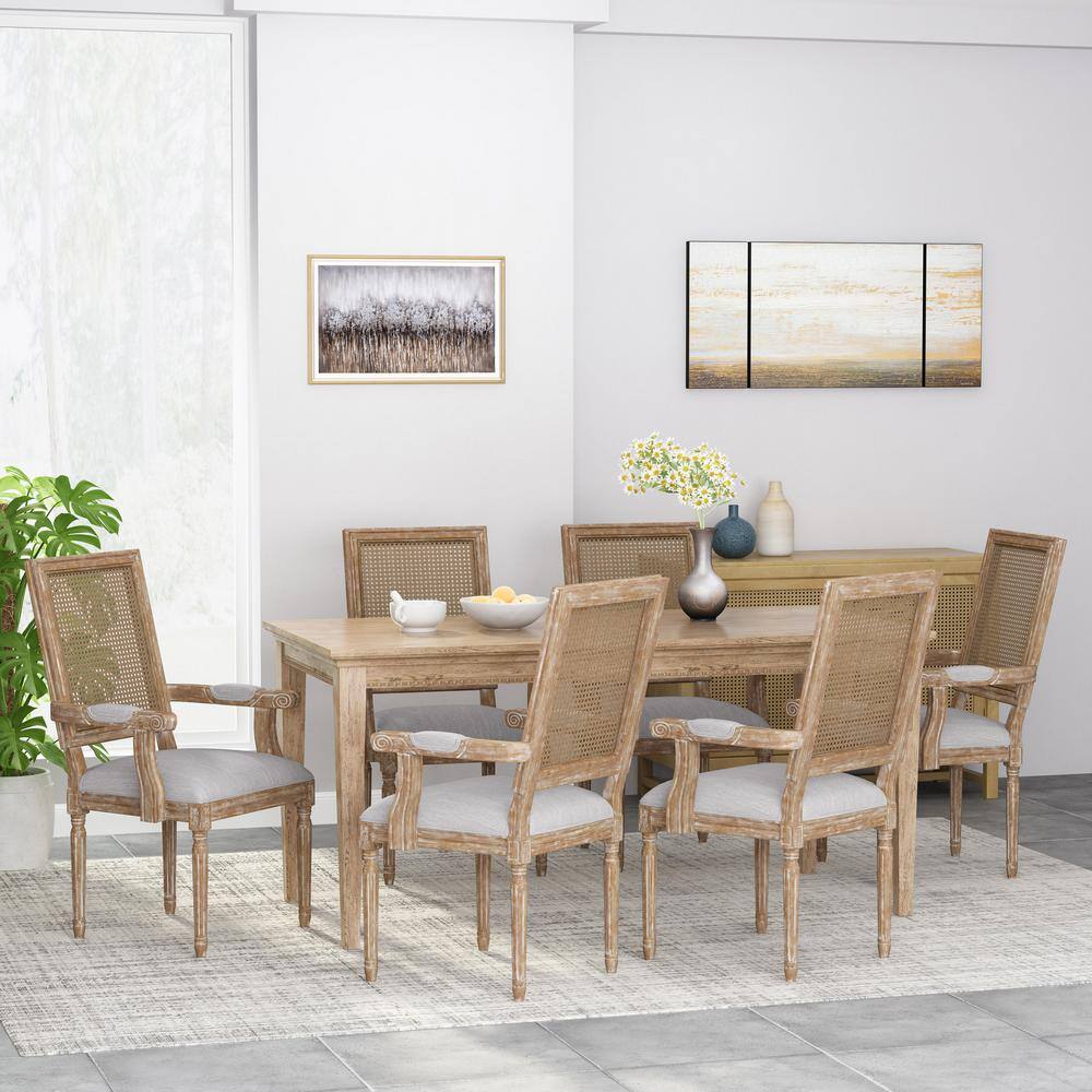 Light Gray Upholstered Arm Chair with Cane Back, Set of 6