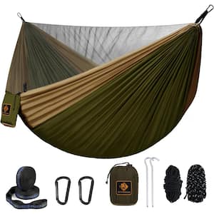 9.5 ft. Camping Portable Lightweight Nylon Parachute Hammocks with Mosquito Net and 10 ft. Tree Straps in Green/Khaki