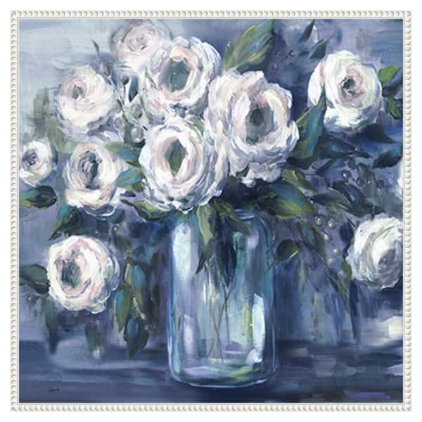 Amanti Art Indigo and White Blooms in Mason Jar by Tre Sorelle Studios 30 in. W x 30 in. H. Canvas Wall Art Print Framed in White