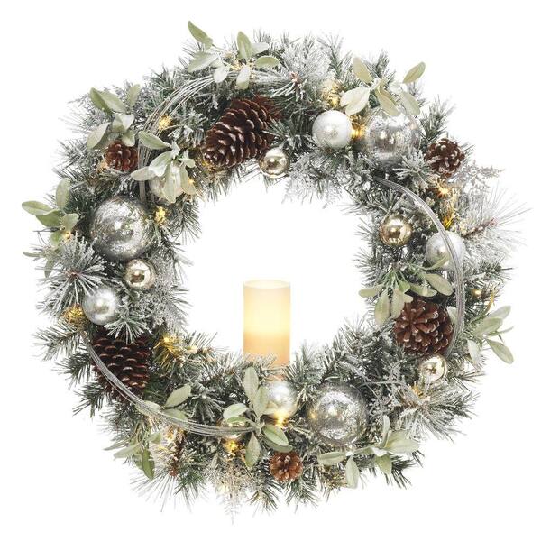 Unbranded 30 in. Battery Operated Snowy Silver Pine Artificial Wreath with 30 Clear LED Lights and LED Candle