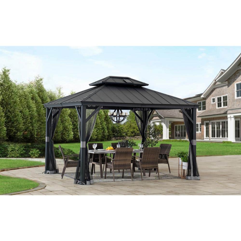 Black Aluminum and Steel 10x12 ft. Hardtop Gazebo with Solar Panel